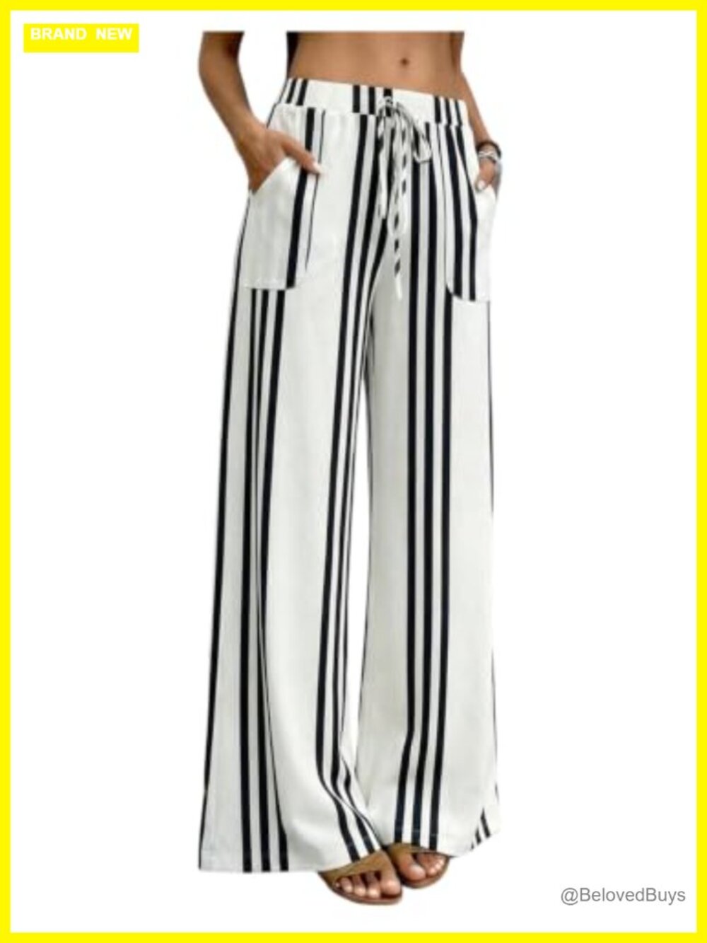 Striped Wide Leg Palazzo Pants with Pockets Elastic Waist Pull On